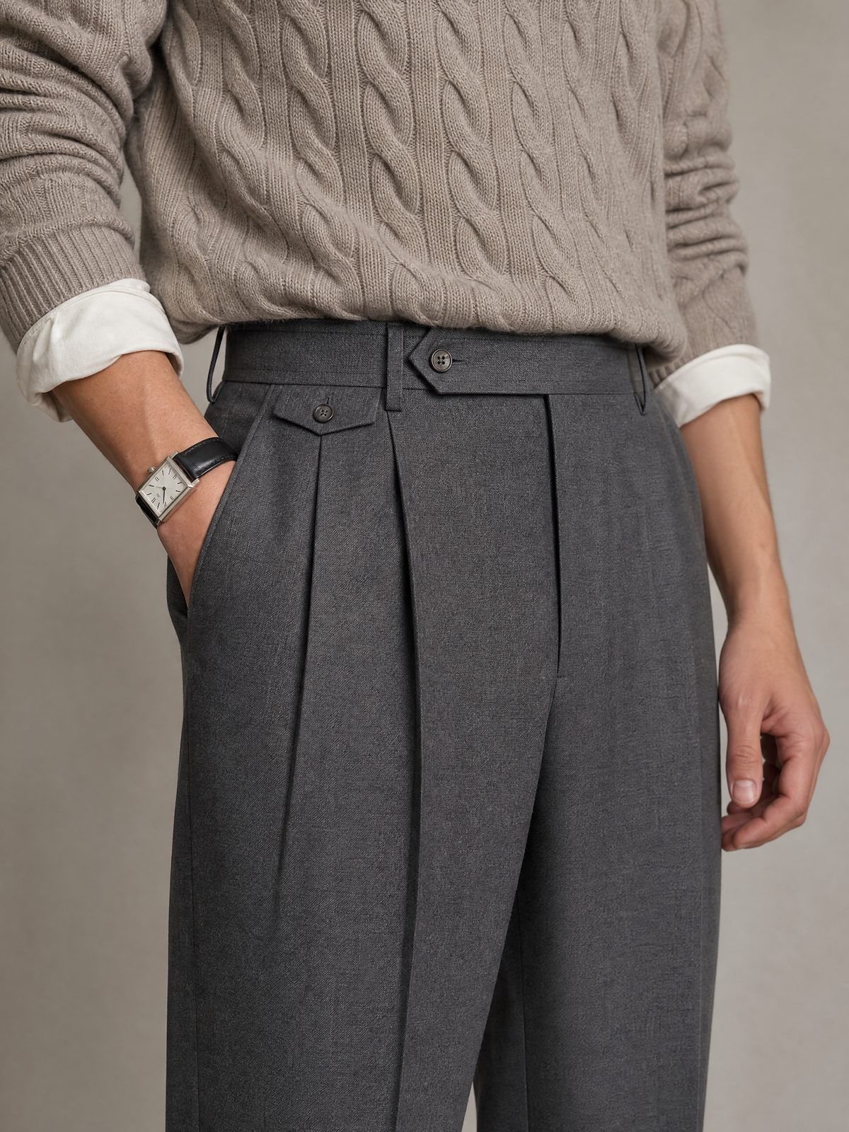 Wool-blend twill trouser in charcoal — double pleated, relaxed cut