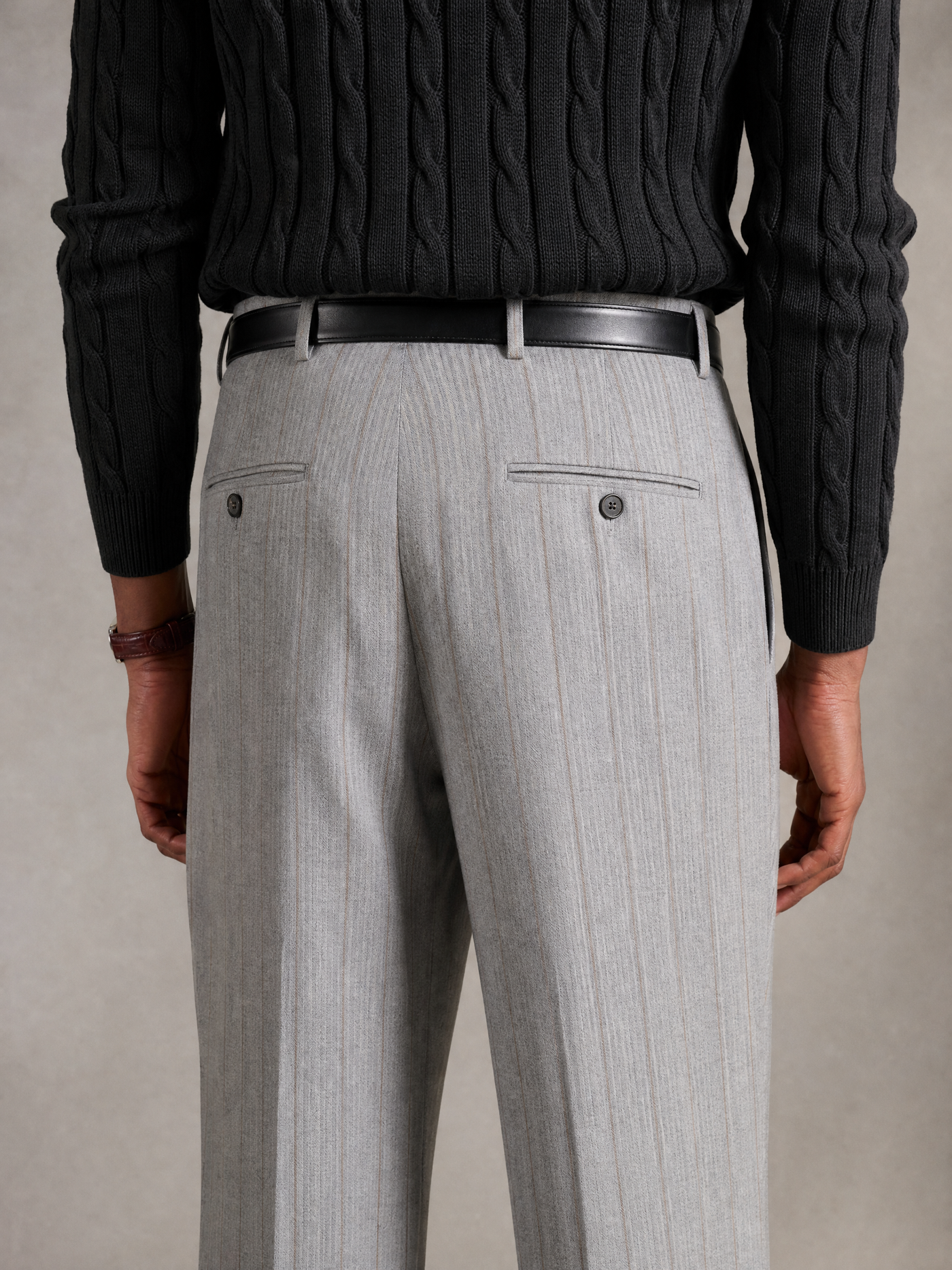 Merino wool trouser in grey stripe — single pleated, relaxed cut