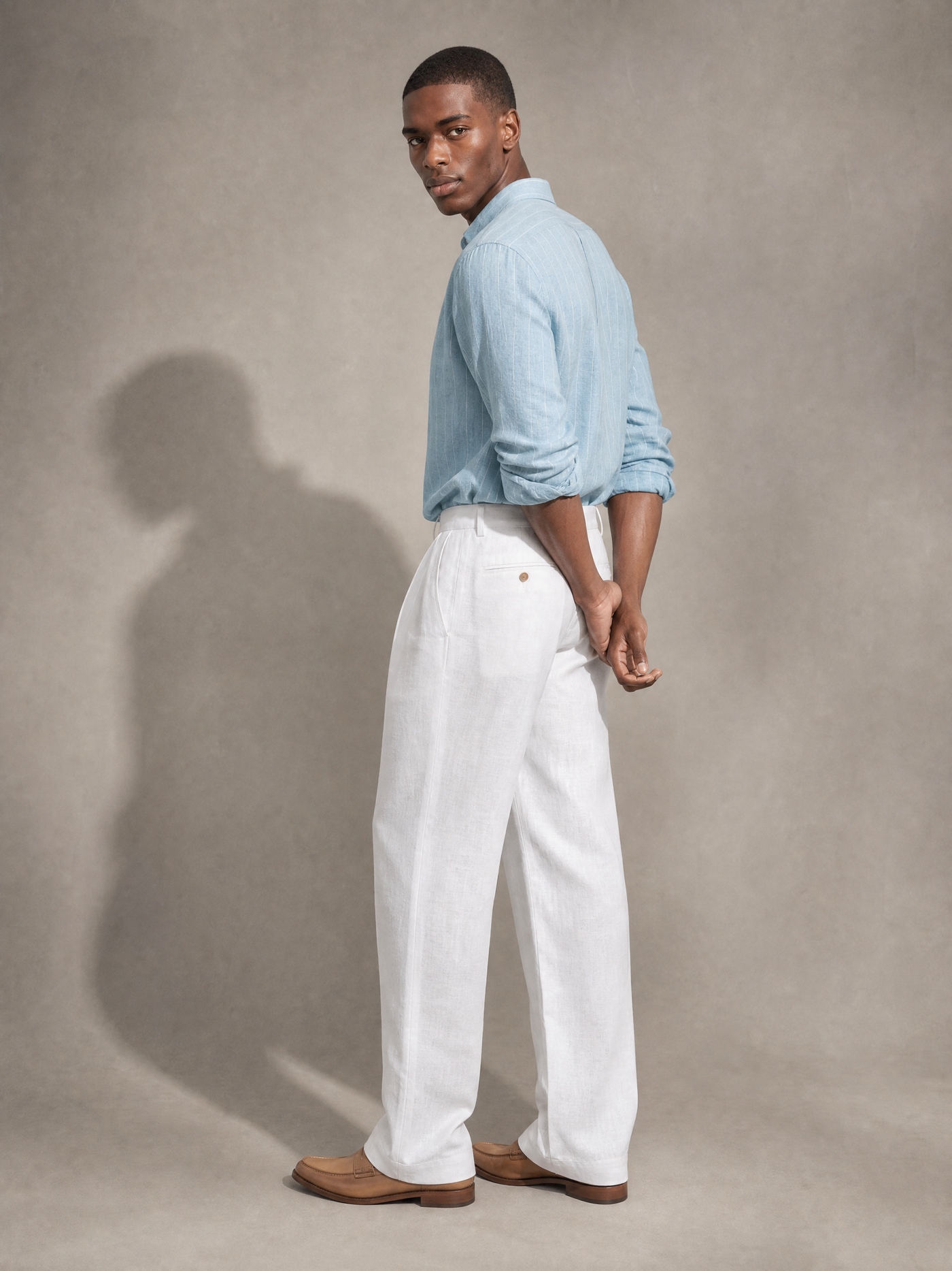 Men's ice blue and white stripe linen shirt — relaxed collar and dropped shoulder