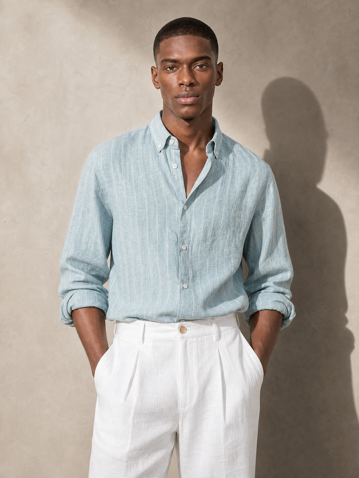 YAEYAH ice blue and white stripe linen shirt, cut to your own measurements