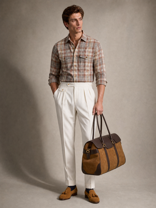 Men's ochre, rust and grey check linen shirt — un-fused collar and flapped chest pockets