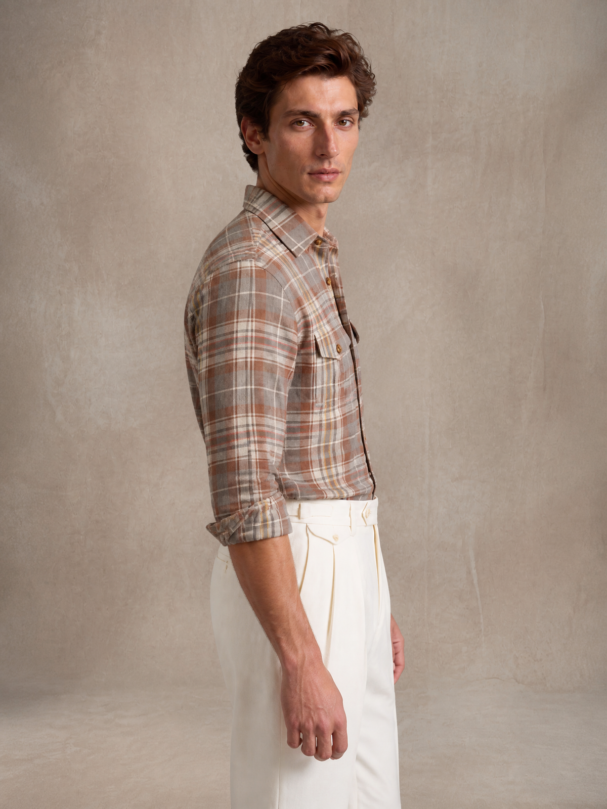 YAEYAH ochre, rust and grey check linen shirt, cut to your own measurements