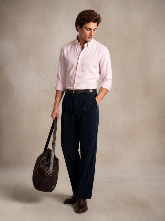 Men's pale pink cotton twill shirt — un-fused collar and dropped shoulder