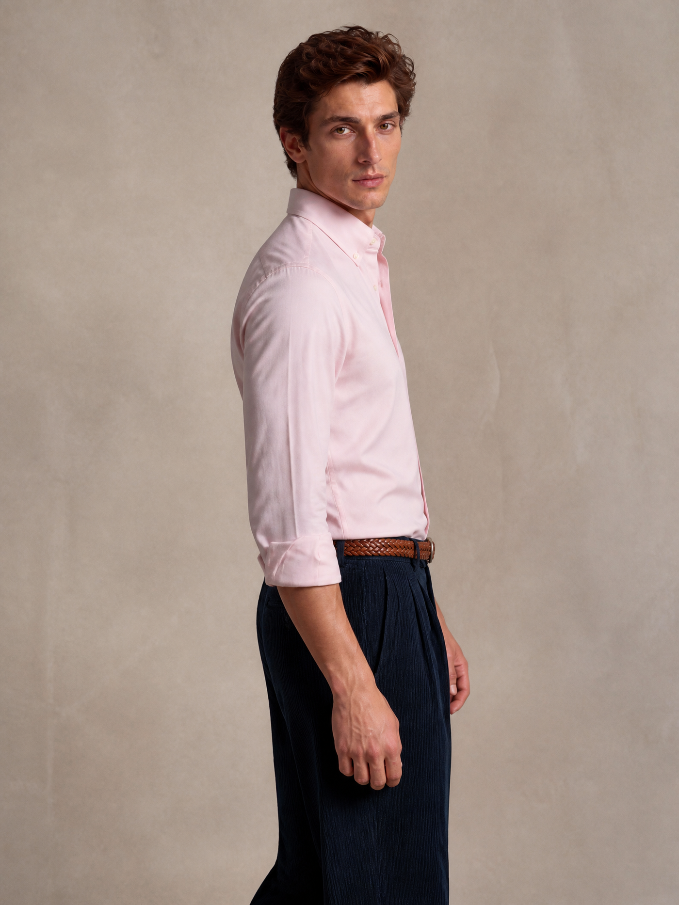 Cotton twill shirt in pale pink — un-fused collar and dropped shoulder