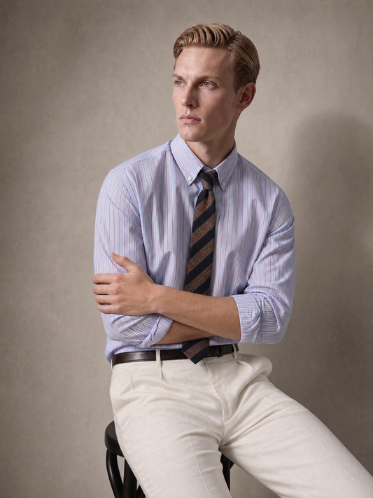 Men's sky blue with burgundy stripe cotton shirt — yarn-dyed woven stripe