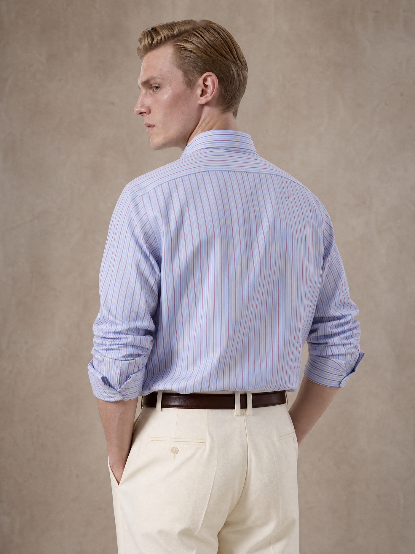 Cotton shirt in sky blue with burgundy stripe — yarn-dyed woven stripe