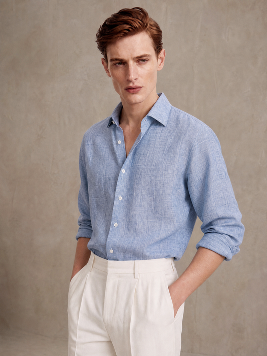 Men's washed sky blue linen shirt — openly woven pure linen